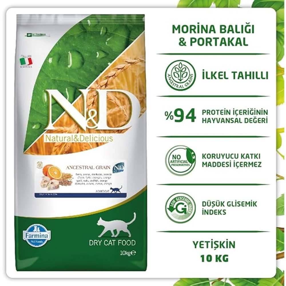 N&D Ocean Düşük Tahıllı Morina Balıklı ve Portakallı 10 kg Yetişkin Kedi Maması