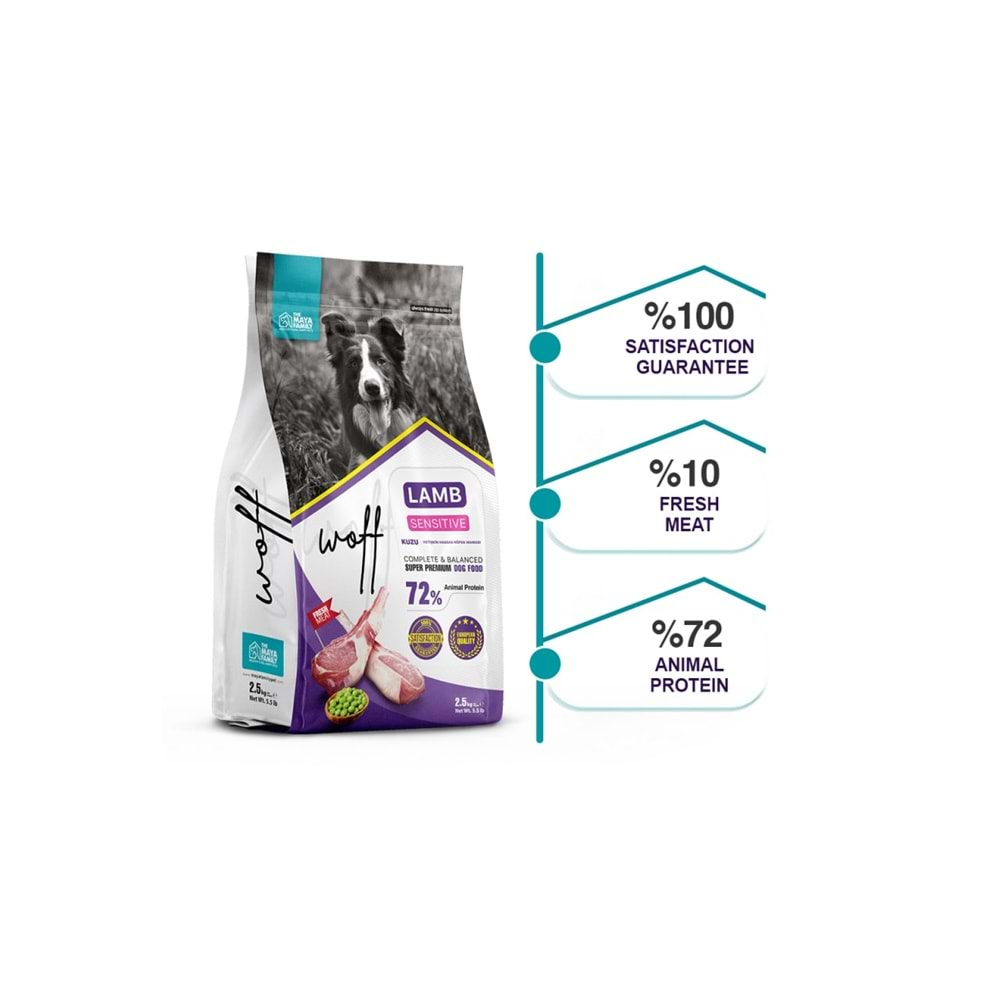 Woff Super Premium Sensitive Lamb Hassas Deri Yapılı Köpekelr Için Kuzu Etli Yetişkin Köpek Maması 2.5 KG