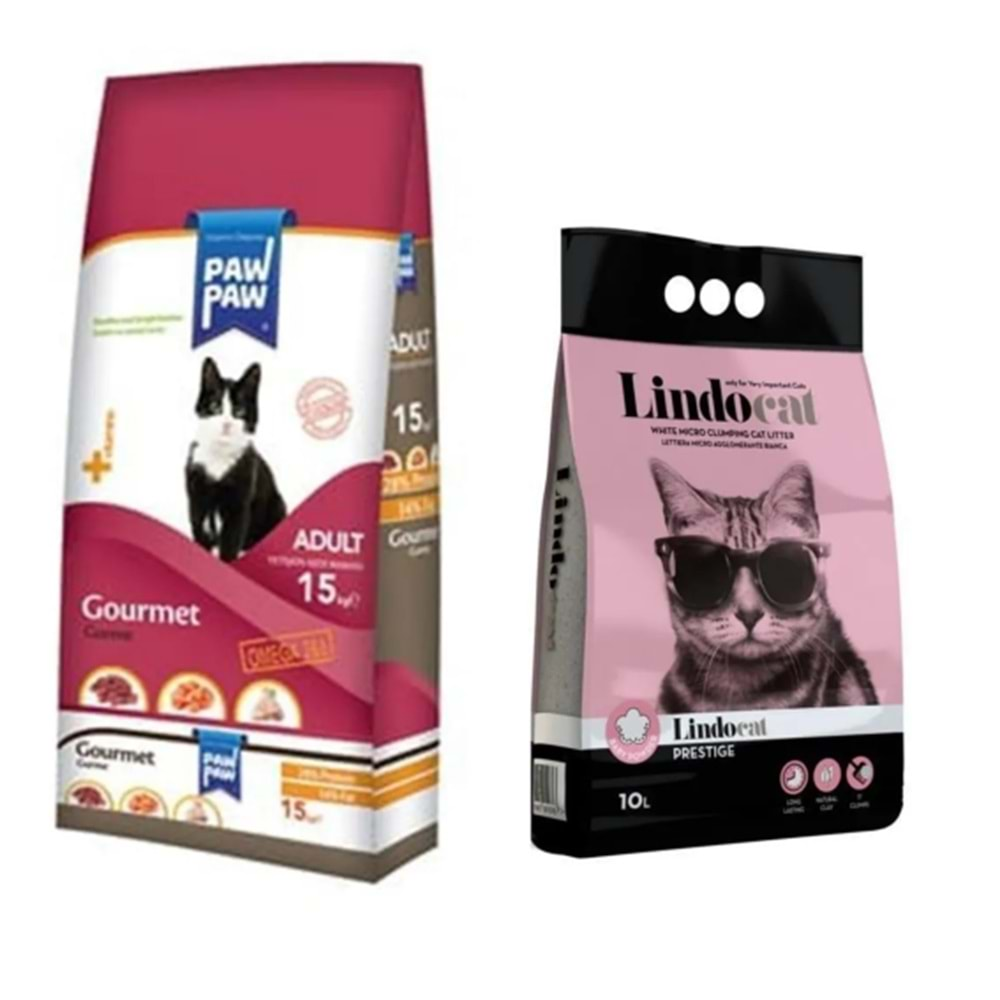 Paw Paw Gourmet Yetişkin Kedi Maması 15 Kg + Lindocat Bebek Pudralı Ince Taneli Topaklaşan Kedi Kumu 10 Litre