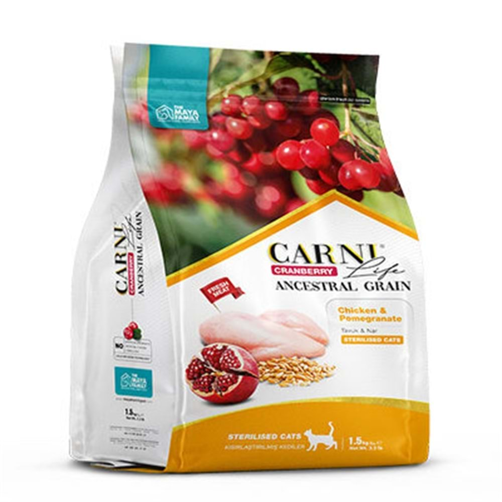 Carni Life Ancestral Grain Kızılcık Tavuk Etli Ve Narlı Kısırlaştırılmış Yetişkin Kedi Maması 1,5 Kg