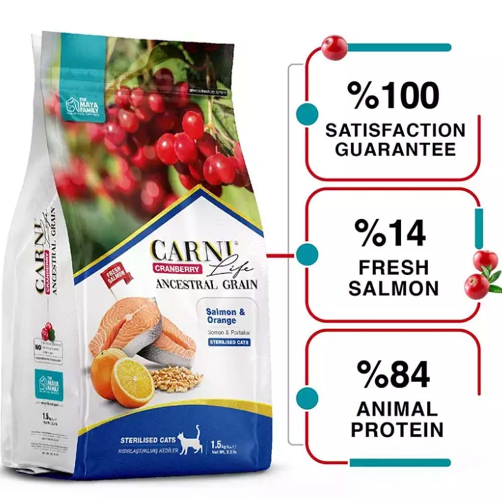 Carni Life Somon Portakal ve Kızılcıklı Kısırlaştırılmış Yetişkin Kedi Maması 10 + 2 KG