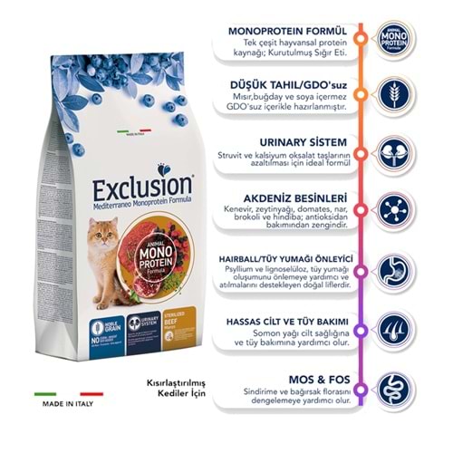 Exclusion Düşük Tahıllı Monoprotein Kısırlaştırılmış Sığır Etli 12 kg Yetişkin Kedi Maması