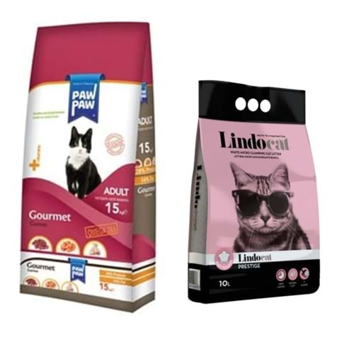 Paw Paw Gourmet Yetişkin Kedi Maması 15 Kg + Lindocat Bebek Pudralı Ince Taneli Topaklaşan Kedi Kumu 10 Litre